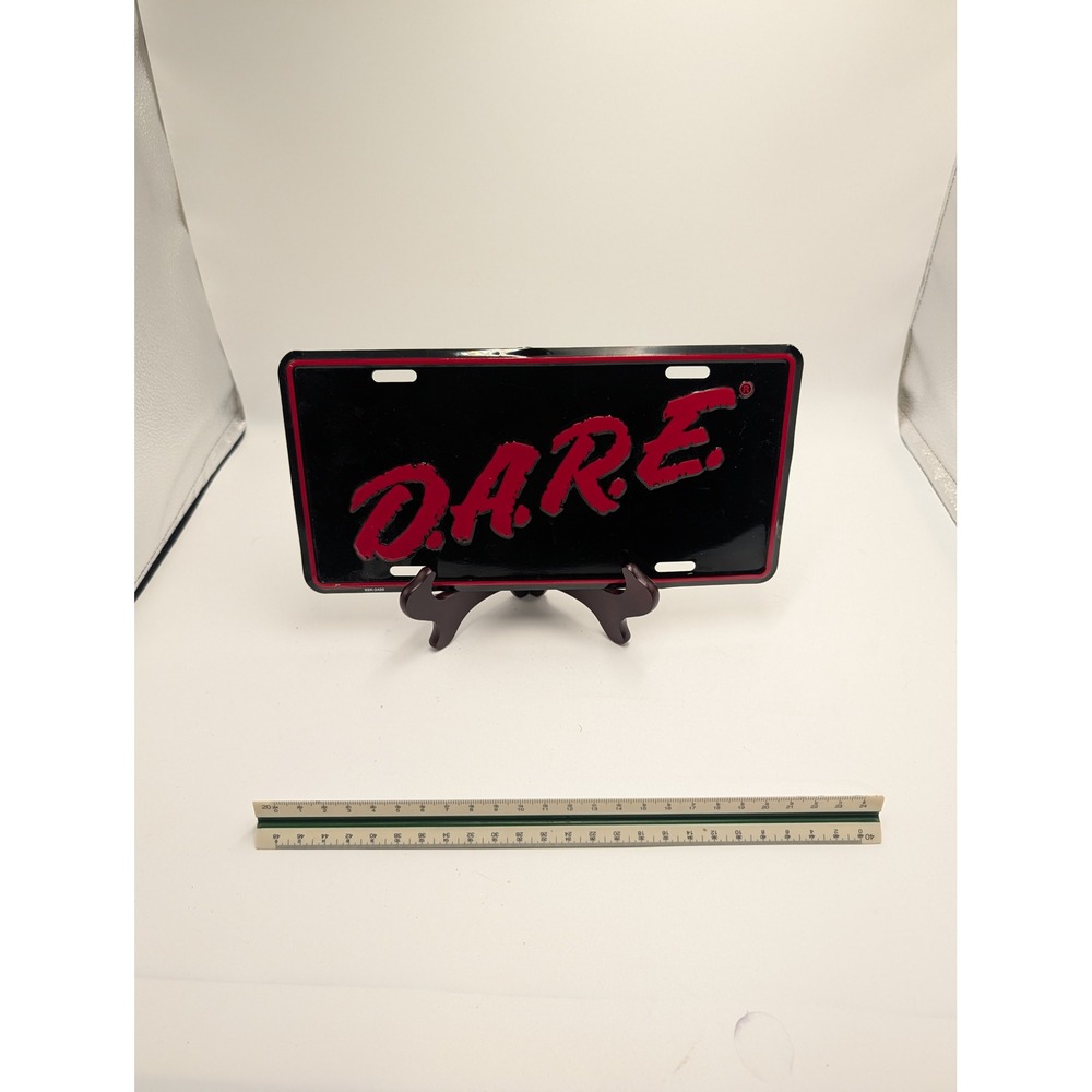 Vintage DARE License Plate Metal Vanity Tag Black Red Embossed Logo Retro 90s